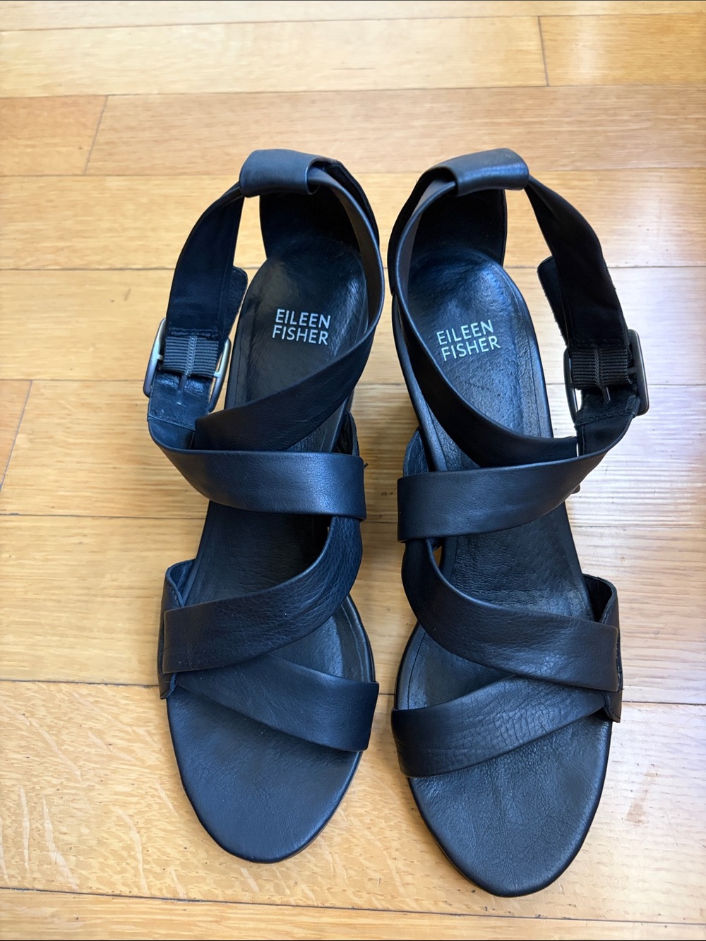 Eileen Fisher Black Leather Ankle Strap Sandals - Worn only a few times